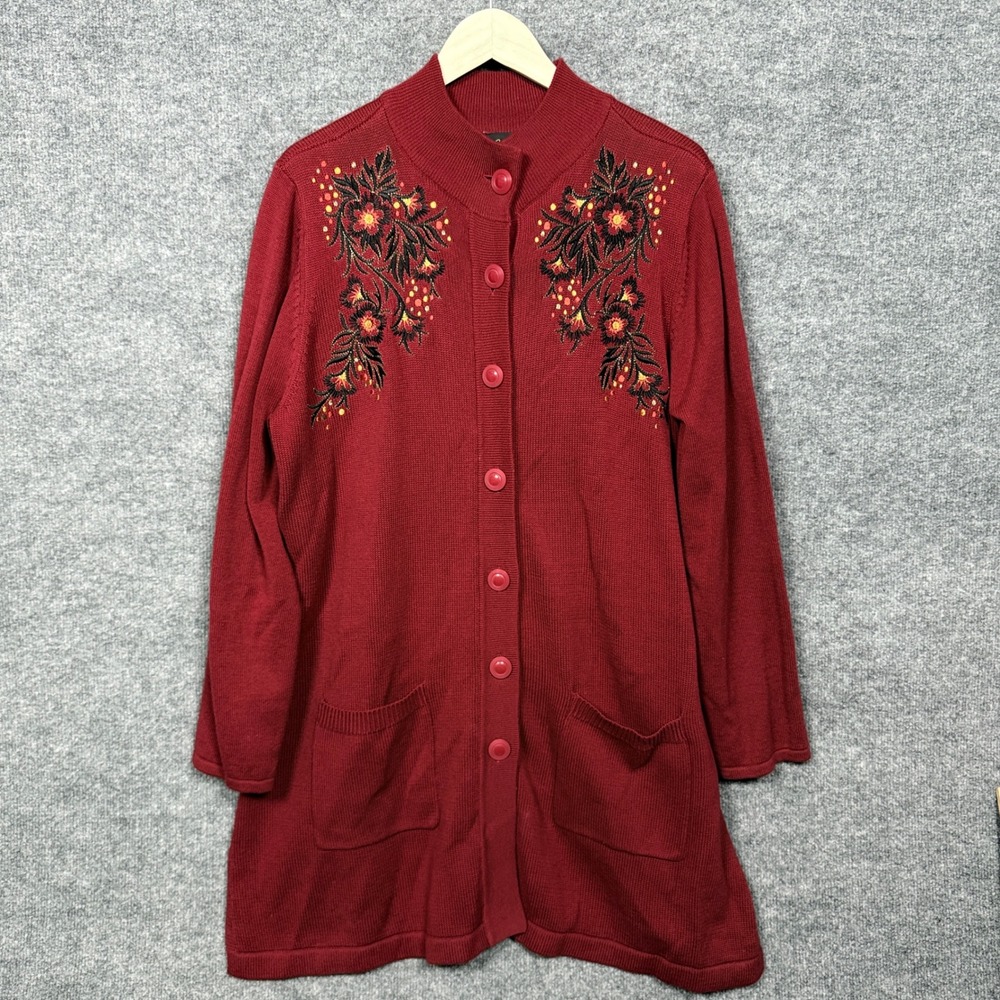 Bob Mackie Wearable Art‎ XL Long Cardigan Red Cotton Blend Embroidered Holiday